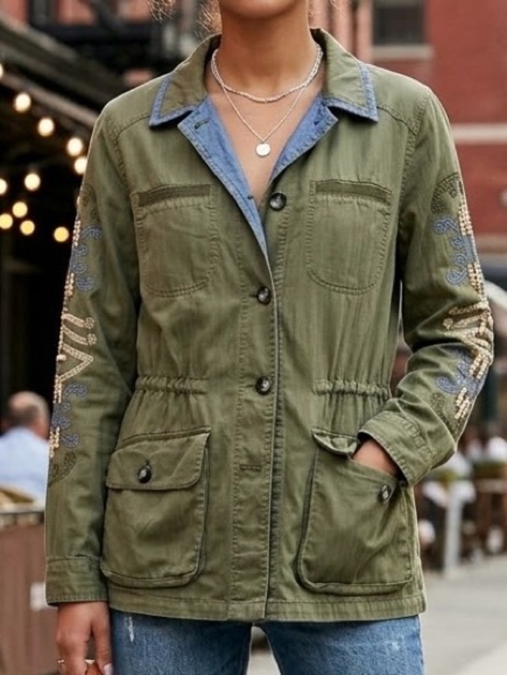 Anthropologie Hei Hei Boho Embroidered Beaded Utility Jacket Olive Green Medium